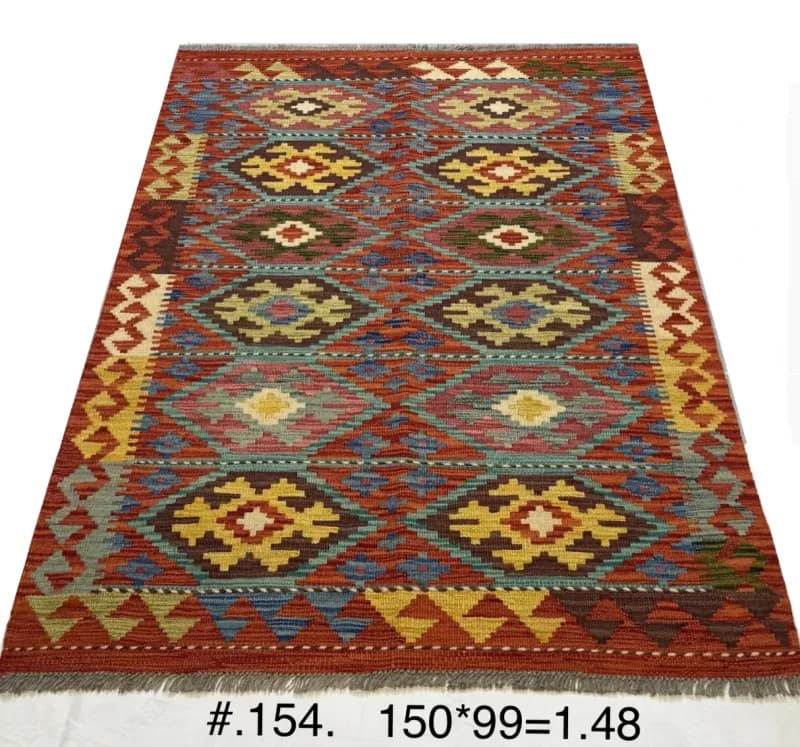 Handwoven Afghan Kilim in Warm Reds and Blues