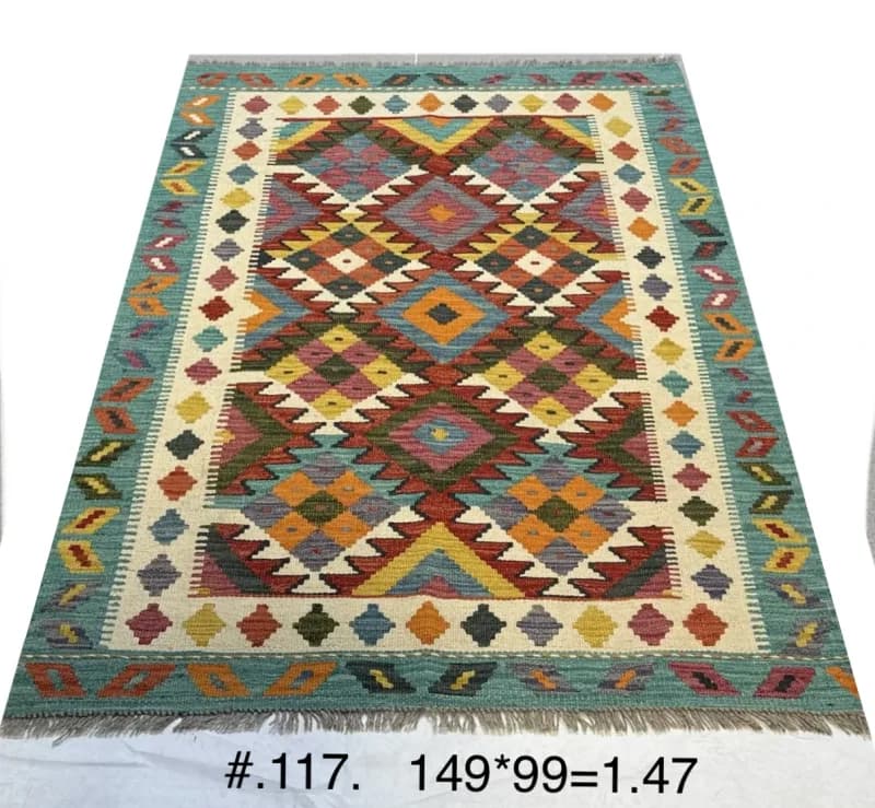 Handwoven Tribal Kilim in Teal, Red & Gold