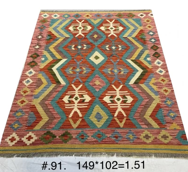 Handmade Afghan Kilim in Rust, Turquoise & Ochre