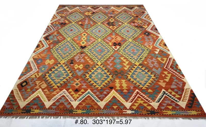Handwoven Afghan Kilim in Rust, Turquoise & Gold