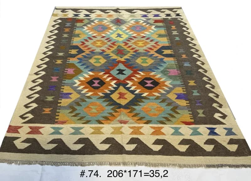 Multicolour Afghan Kilim with Geometric Motifs