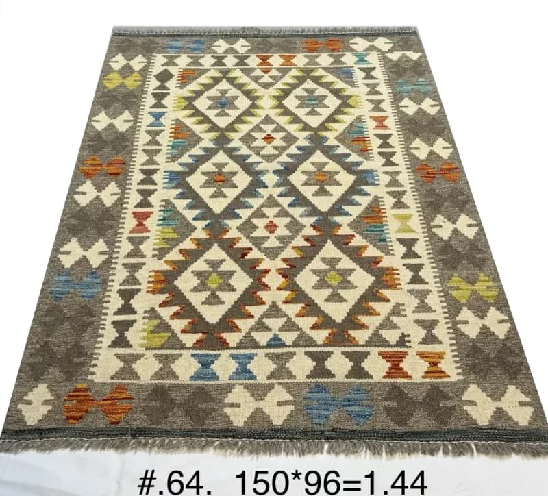 Hand-woven Afghan Geometric Kilim in Grey & Multicolour
