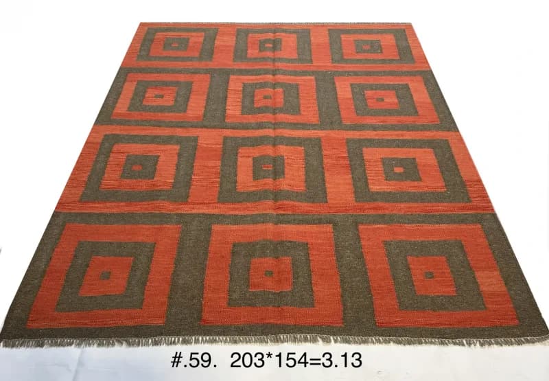 Hand-woven Afghan Kilim with Geometric Square Motif