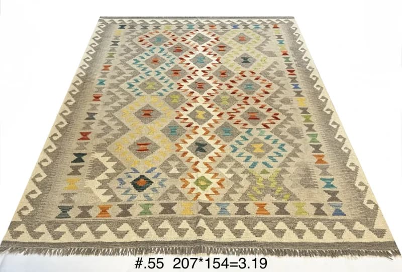 Handwoven Tribal Kilim in Soft Neutrals and Jewel Accents
