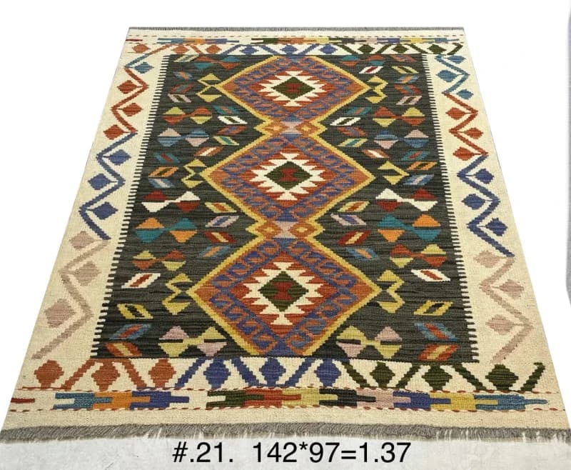 Handwoven Afghan Kilim with Geometric Diamonds