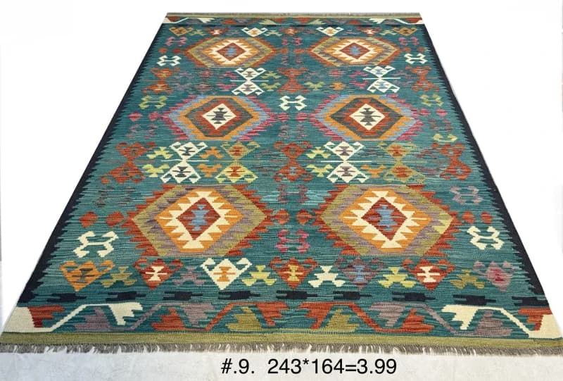 Turquoise Tribal Kilim with Geometric Medallions