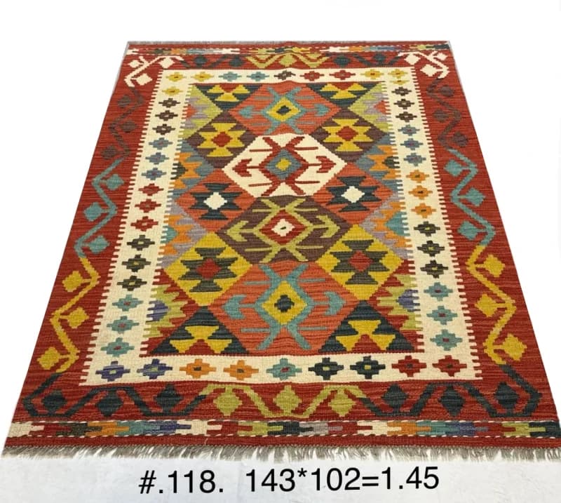 Flat-Woven Afghan Kilim in Rust, Gold & Turquoise