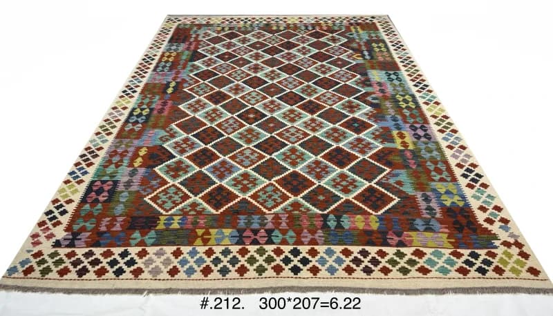 Afghan Diamond-Grid Kilim in Brick and Turquoise