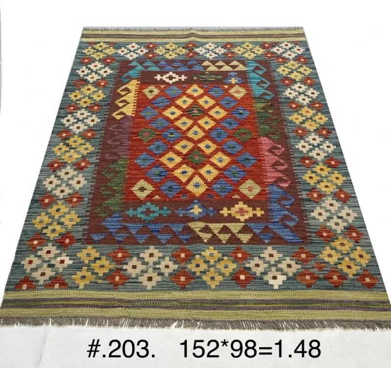 Afghan Flatwoven Kilim in Red, Turquoise & Gold