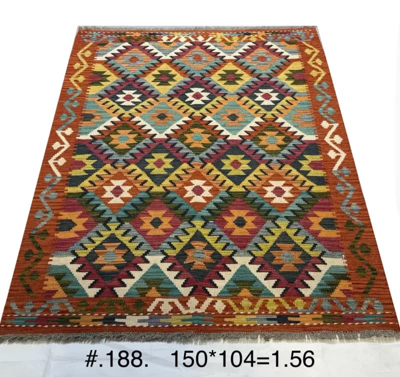 Handwoven Tribal Kilim in Rust, Teal & Gold