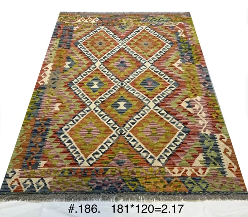 Handwoven Afghan Kilim with Multicolour Diamond Motif