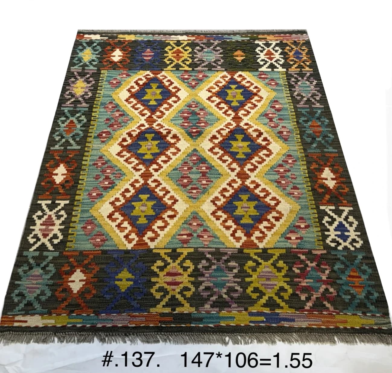 Handwoven Afghan Kilim with Geometric Diamonds