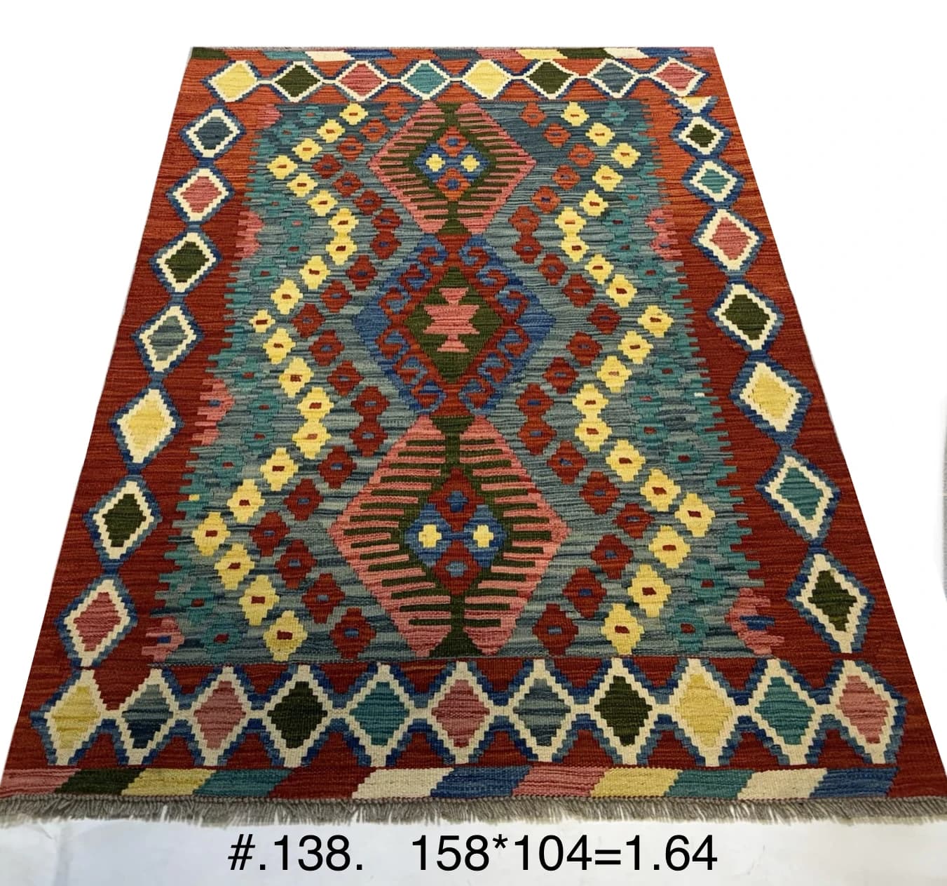 Handmade Afghan Kilim in Red, Teal & Gold