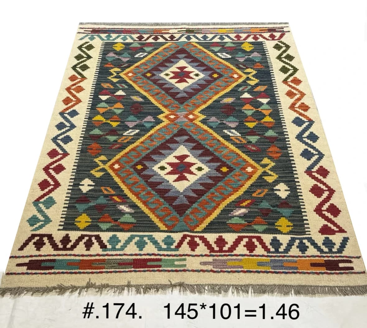 Double-Diamond Afghan Kilim in Teal & Gold