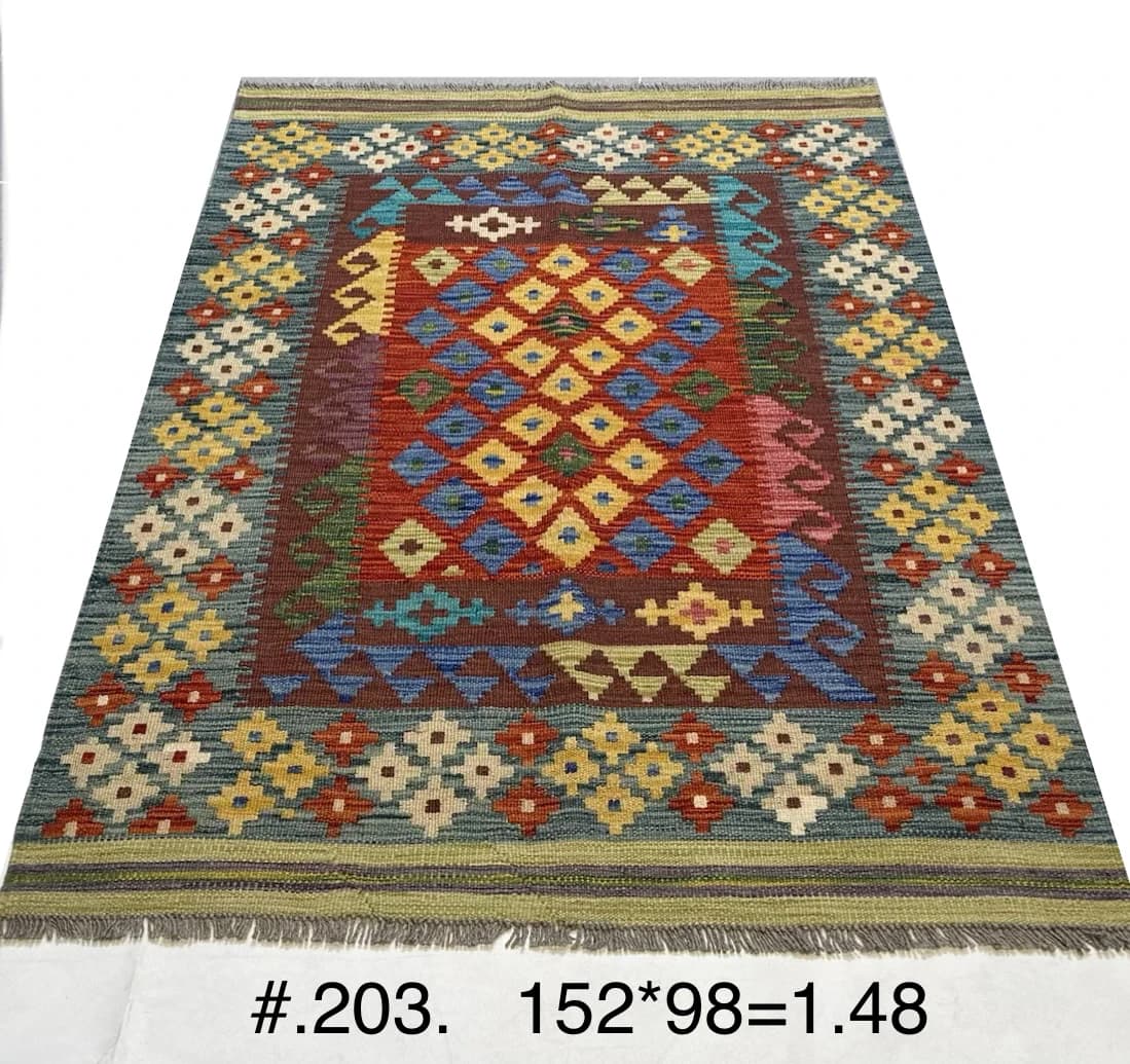 Afghan Flatwoven Kilim in Red, Turquoise & Gold