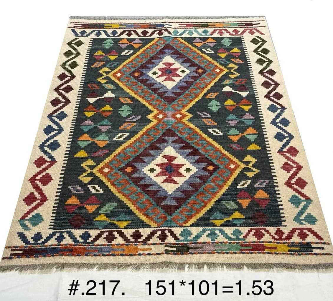 Handwoven Afghan Kilim with Double Diamond Medallions