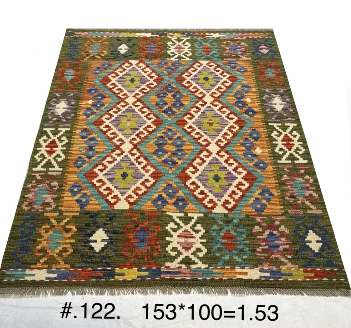Flatwoven Tribal Kilim in Olive, Red & Turquoise