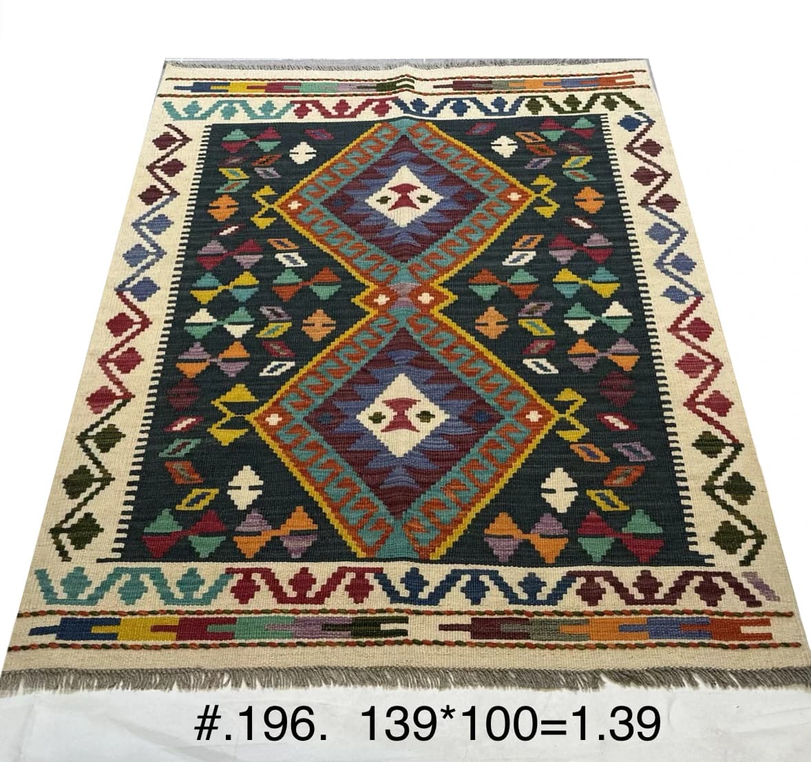 Handwoven Afghan Kilim with Double Diamond Medallions