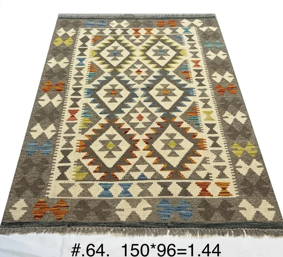 Hand‑woven Afghan Geometric Kilim in Grey & Multicolour
