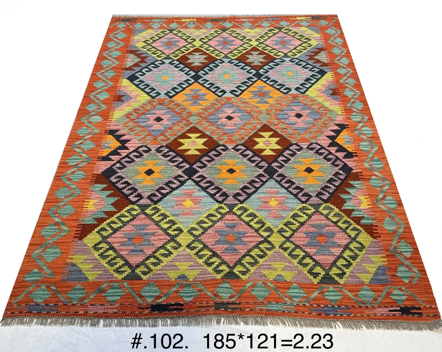 Handwoven Afghan Kilim — Orange Diamond Field