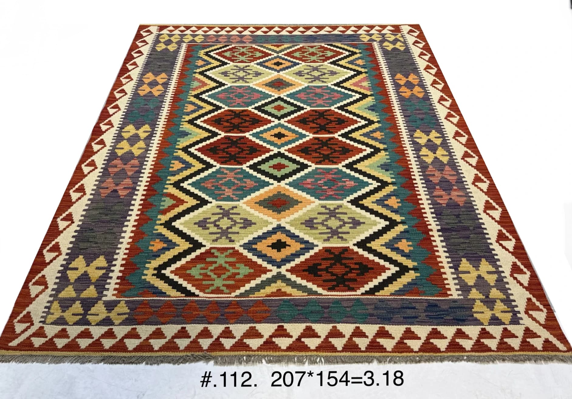 Handwoven Afghan Kilim with Geometric Diamond Pattern