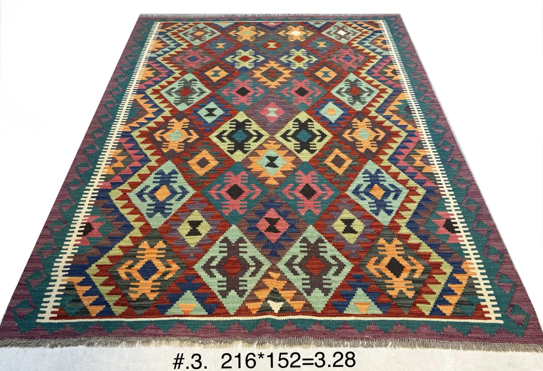 Handwoven Afghan Kilim with Multicolour Diamond Motifs
